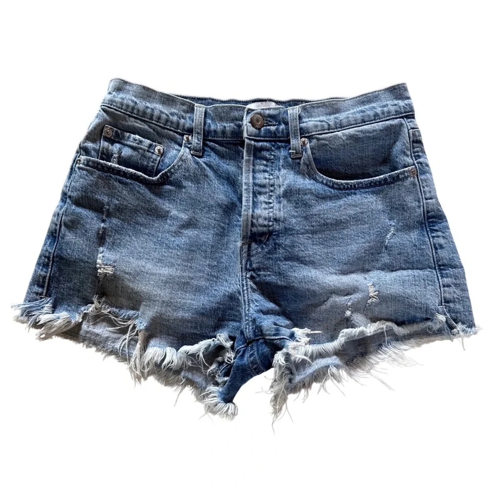 Pistola Distressed Denim Shorts Light Wash Button Fly Frayed Hem Size 27